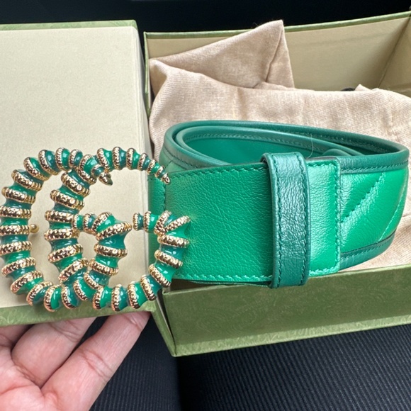 Women\'s Green GG Marmont Belt With Enameled Torchon